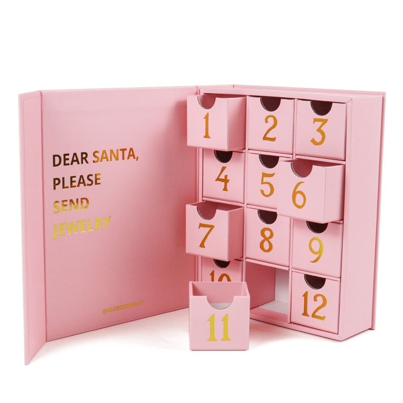 Pink jewelry advent calendar box with twelve numbered drawers for holiday gift packaging