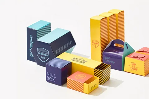 Assorted colorful packaging boxes with custom printing and unique designs for small business branding