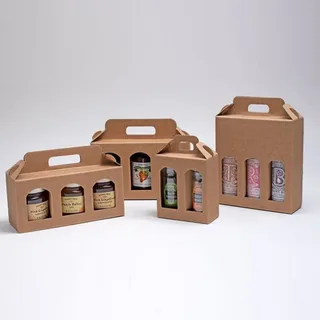 Kraft custom bottle boxes with handles and die-cut windows for 2 to 4 bottles of beverages or sauces