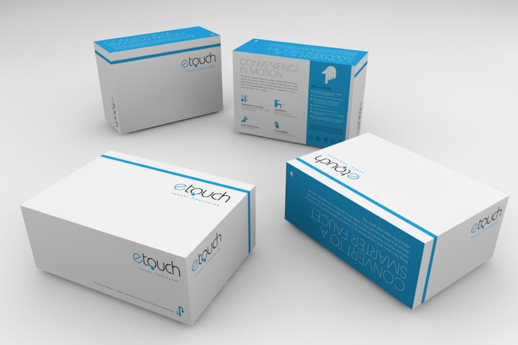 Custom medical devices packaging boxes with blue and white design, featuring branded print and regulatory specifications