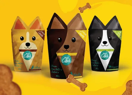 Custom pet products packaging boxes designed as dog-themed stand-up pouches for organic pet treats