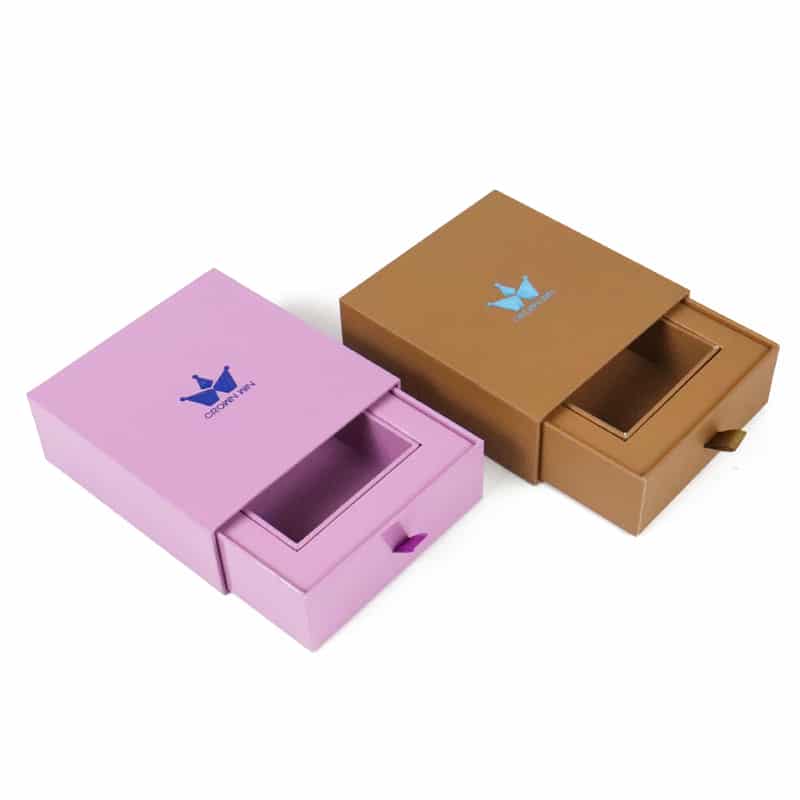 Luxury custom drawer box packaging with ribbon pull handle in pink and brown colors