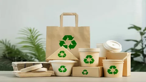 Collection of eco-friendly paper food containers and bag with recycle symbol for small business packaging