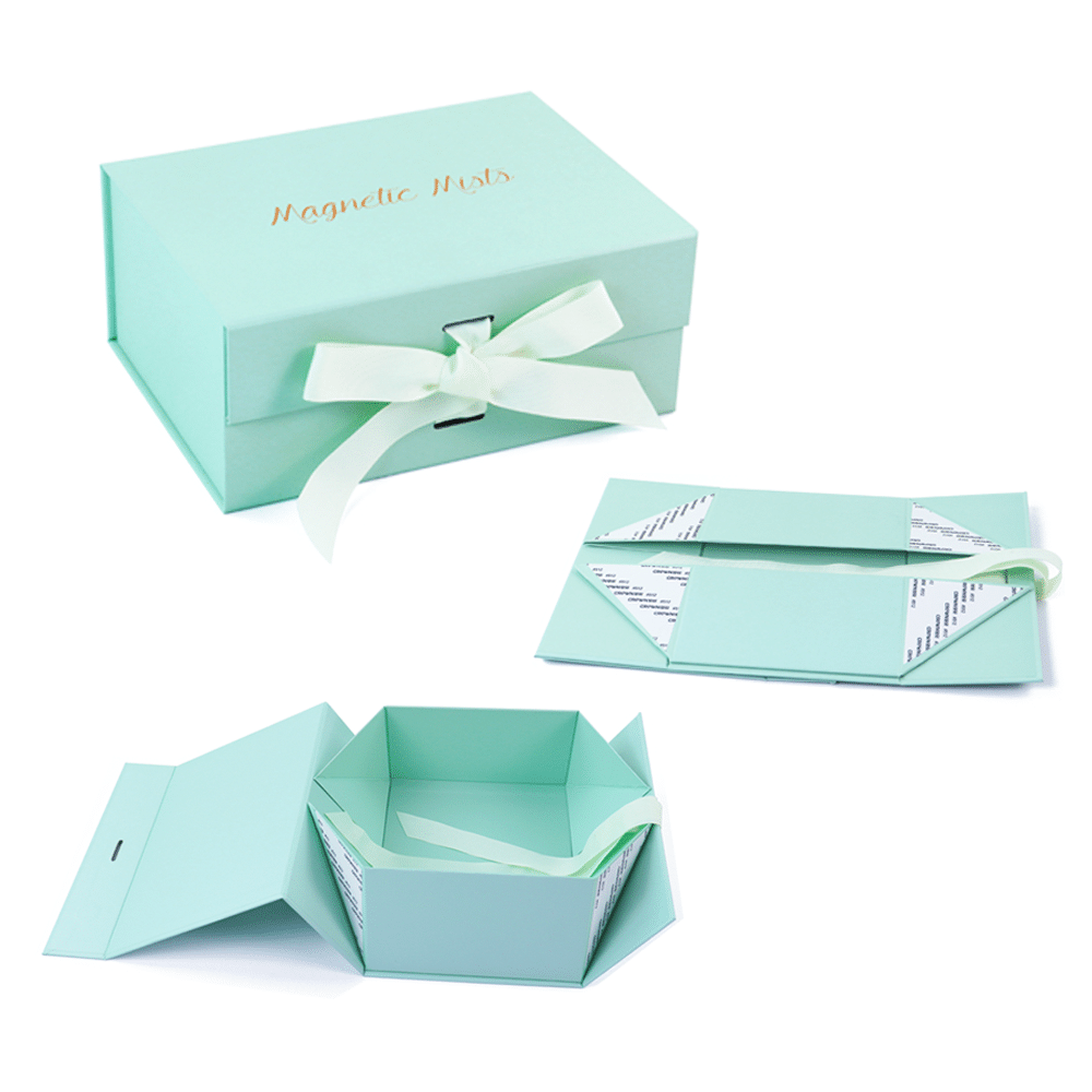 Elegant foldable magnetic gift box in mint green with ribbon closure, shown in closed and open views