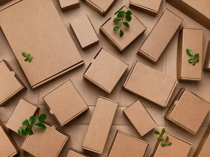 Variety of kraft cardboard boxes with small green leaf accents for natural small business packaging
