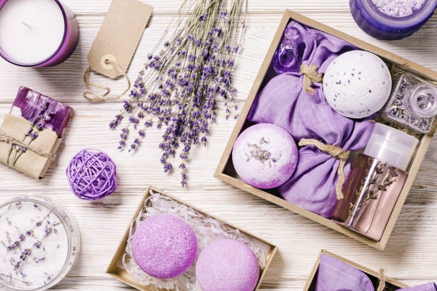 Luxury lavender bath and soap gift set with purple decorations and floral accents