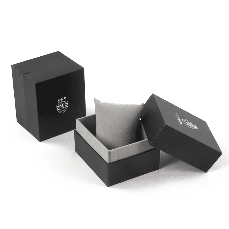 Luxury black lid and base watch packaging box with soft gray pillow insert for premium watch presentation