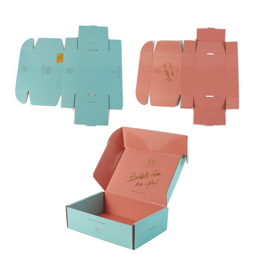 Custom foldable mailer box in blue and pink design, shown in both unfolded flat view and assembled view for product packaging