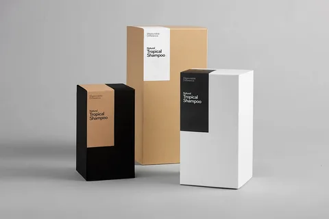 Minimalist packaging design for shampoo bottles with bold color blocks and simple typography.