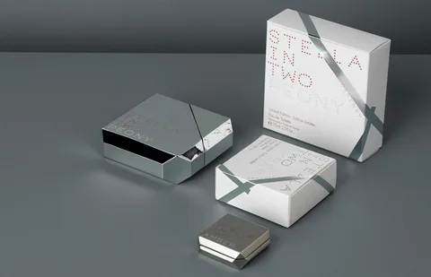 Minimalist silver cosmetic packaging box with clean typography and geometric design for a premium brand look.