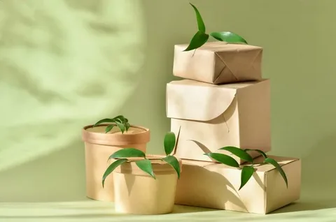 Kraft paper food containers and boxes with plant leaves symbolizing sustainability