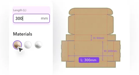 User interface for entering box length and selecting material type in Pacdora dieline generator