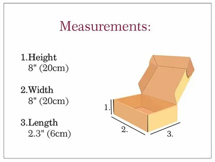 Box measurement in both inches and centimeters showing height, width, and length