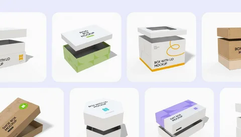 Several packaging mockups showing box with lid formats in various designs