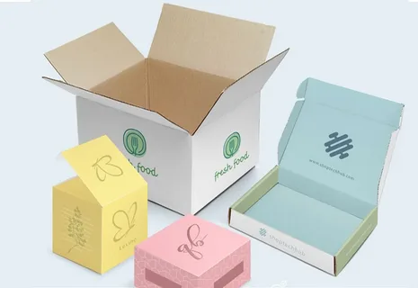 Pastel colored custom cardboard packaging boxes with printed brand logos