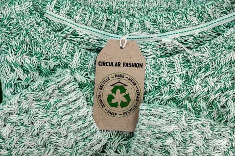 Brown recycled paper clothing tag with circular fashion logo on sweate