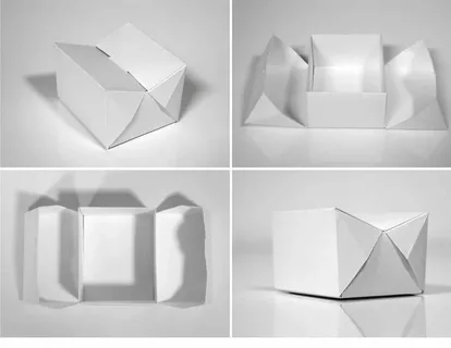 A sequence showing how a collapsible box is assembled from a dieline