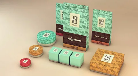 Modern chocolate packaging design with colorful patterns.