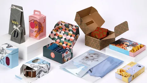 Variety of colorful and printed boxes and mailers for vibrant retail apparel packaging