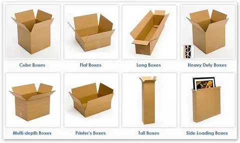 Various types of cardboard boxes including cube, flat, long, heavy duty, multi-depth, printer’s, tall, and side loading boxes