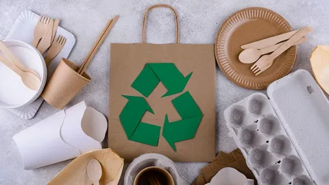 Eco-friendly paper and compostable tableware with green recycling logo