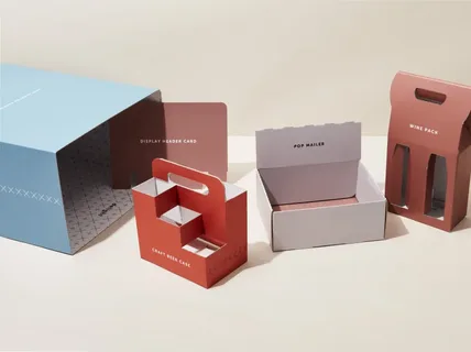 Assortment of uniquely die-cut cardboard packaging including pop mailers and display cards