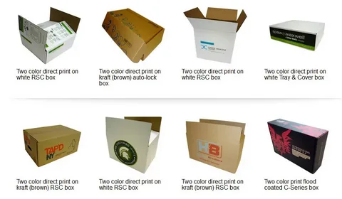 Examples of two-color direct printed corrugated boxes on white and kraft surfaces with various box styles