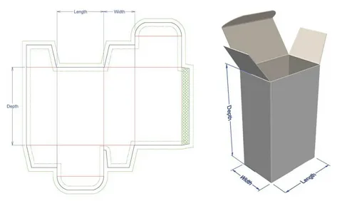 Dieline drawing with labeled dimensions for length, width, height, and depth next to the assembled box