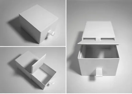 Slide drawer box structure constructed from dieline with pull tab and folding flaps