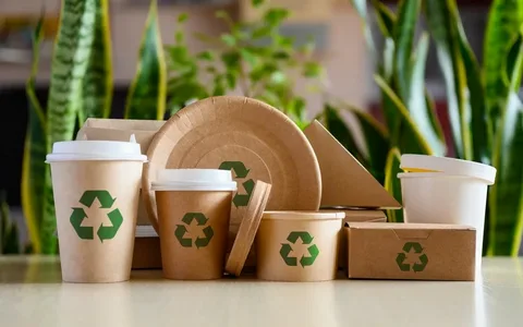 Eco-friendly disposable coffee cups, plates, and food containers with recycle symbols