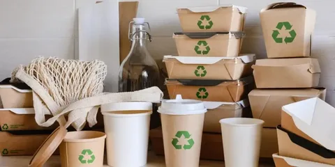 Assorted eco-friendly food boxes, paper cups, and reusable bottles with recycling logos