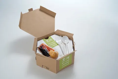 Open eco-friendly takeaway box containing plastic-free utensils and packaged condiments