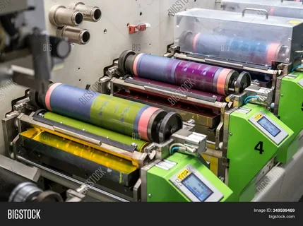 Industrial flexographic printing press with multiple ink rollers used in packaging