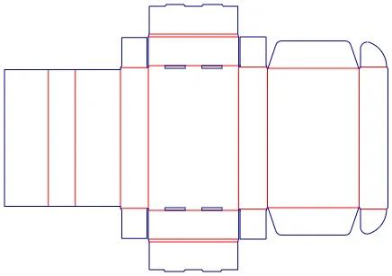 Foldable packaging dieline with red crease lines and blue dimension indicators