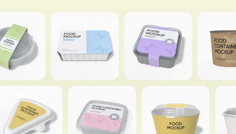 Mockups of food containers and bags including trays, cups, and pouches