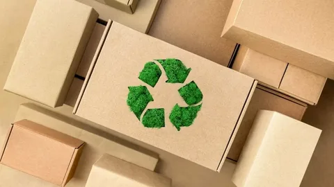 Cardboard box featuring moss-textured recycle sign for eco-friendly branding