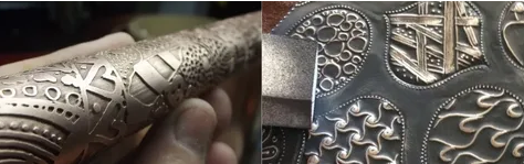 Artisan performing hand embossing and stamping on metal surface using tools