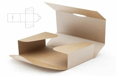 Open kraft paper box with structural dieline inset shown for folding box production
