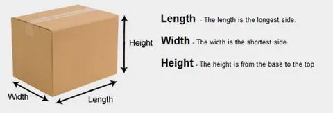 Shipping box with arrows indicating length, width, and height