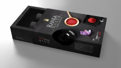 Luxury saffron packaging design with black box and gold accents.