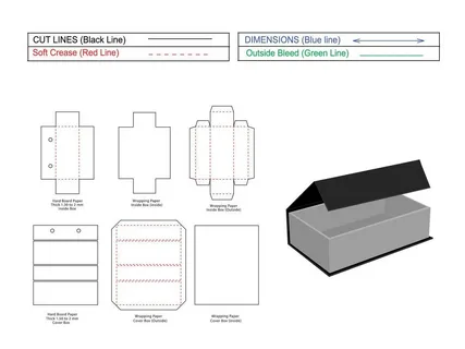Dieline for magnetic lid rigid box showing dimensions, bleed, cut lines and fold lines