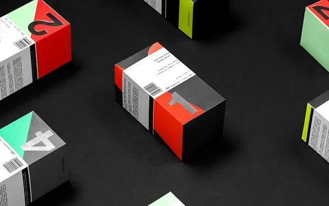 Colorful modern packaging boxes with geometric shapes and numbers.