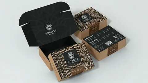 Modern eco-friendly soap packaging box with black and brown design elements.