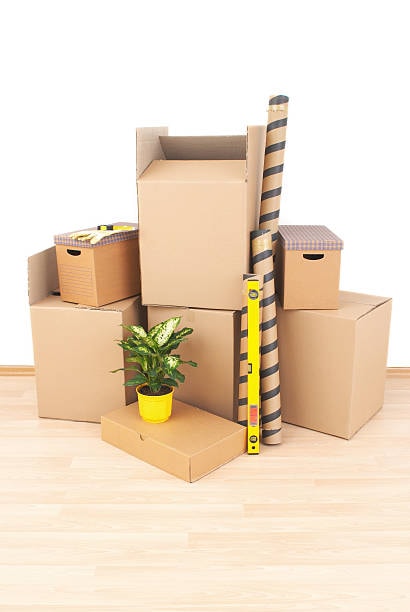 Assorted moving boxes with a level, tape rolls, and a potted plant on a wooden floor