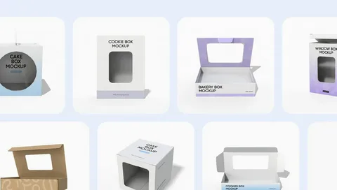 Various bakery and cookie box packaging mockups with window cutouts