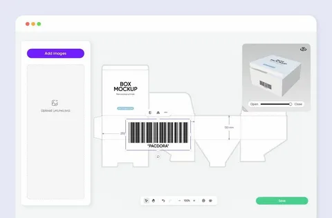 Pacdora dieline editor interface showing box layout and 3D packaging preview