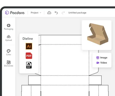 Pacdora dieline screen showing export options in PDF, AI, and DXF formats