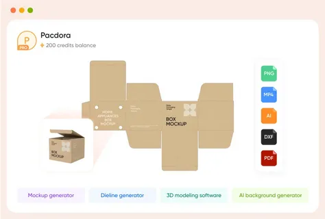 Pacdora screen showing dieline editor and export formats like PNG, PDF, AI, and DXF