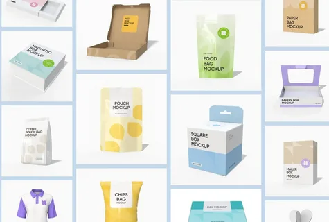 Various packaging mockups including pouches, paper bags, and food boxes