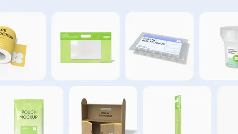 Assorted packaging mockups including pouches, plastic boxes, and hang tab display boxes